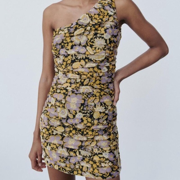ZARA Floral One Shoulder Rouched Dress Medium - Picture 2 of 8